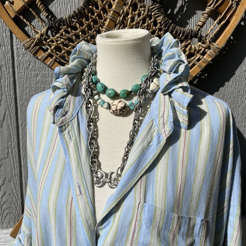 Upcycled Coastal Boyfriend American Eagle Pajama Stripe Ruffle Collar Size L